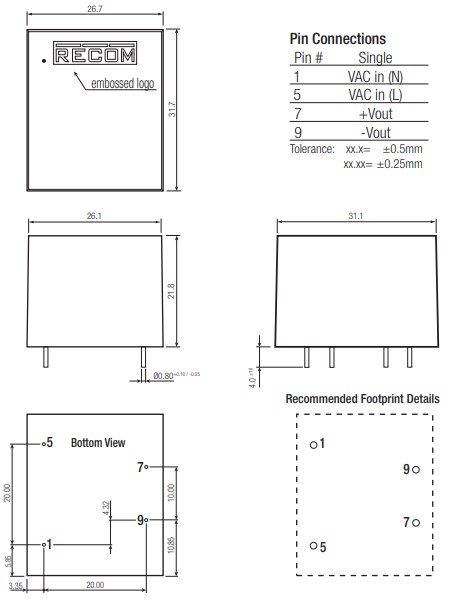Mechanical Drawing - RECOM Power RAC05-K/277 AC/DC Converters